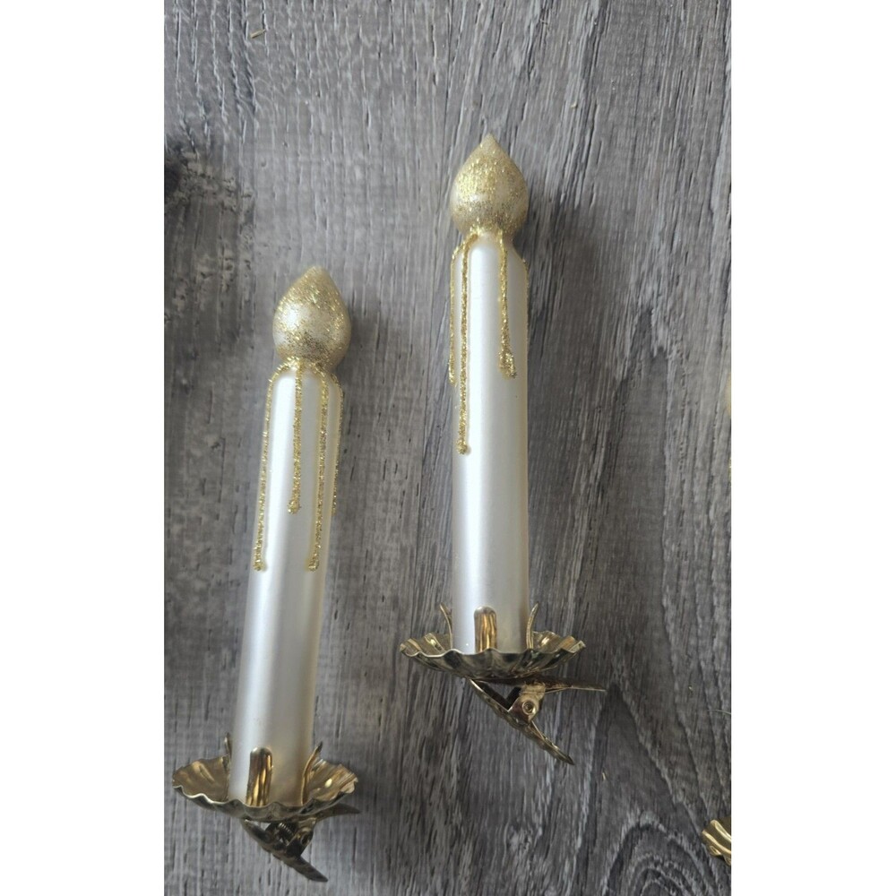 Vintage 4 Glass Candle Shape Clip On With Gold Glitter Christmas Ornaments - Picture 3 of 7